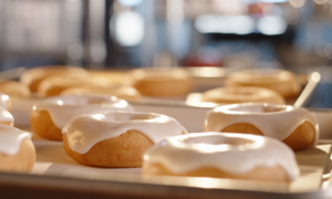 Casey's Cake Donuts being glazed on a tray